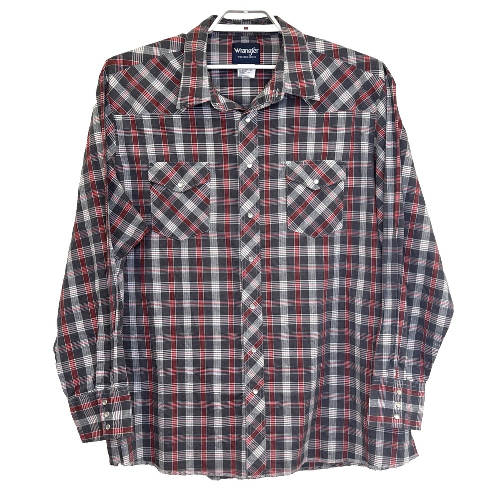 Wrangler Western Pearl Snap Shirt Mens Size 3XT Tall Gray Red‎ Plaid Lightweight